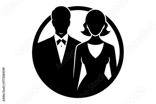 Elegant couple silhouette in formal attire a man in a tuxedo and a woman in a dress enclosed within a circular frame representing sophistication and partnership silhouette