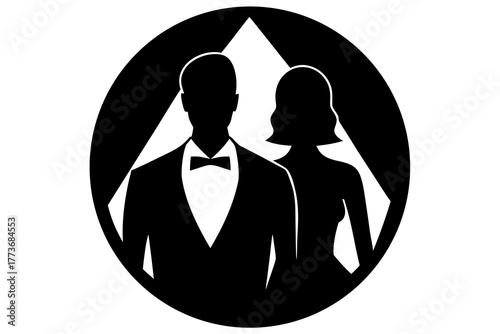 Elegant couple in formal attire represented as a striking black silhouette within a circular frame symbolizing sophistication and partnership silhouette