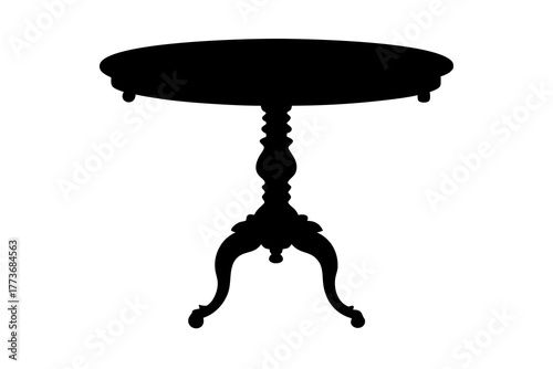 Elegant antique pedestal table with a round top and ornate carved base presented as a stark black silhouette on a clean white background