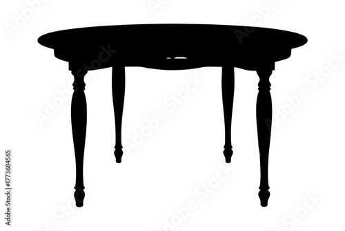 Elegant antique oval dining table with turned legs presented as a stark black silhouette against a clean white background perfect for design elements