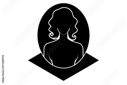 Elegant woman s portrait silhouette with wavy hair and defined shoulders framed within an oval shape set against a geometric base minimalist graphic design silhouette