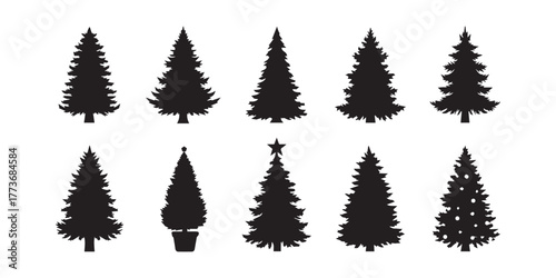Set of black Christmas tree silhouette icons. Collection of pine, fir, and spruce symbols for winter holidays. Vector graphic elements for xmas celebration and festive decoration.