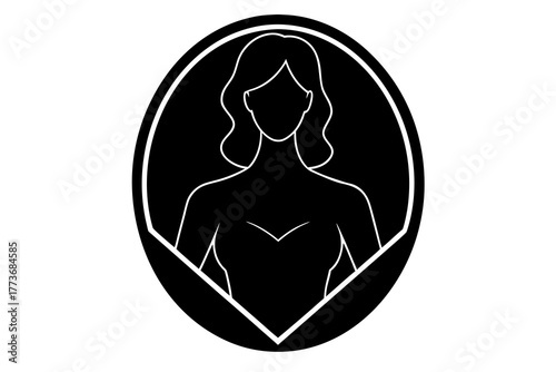 Elegant woman silhouette icon with wavy hair and a v neckline inside an oval frame simple minimalist design