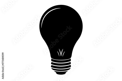 A simple and iconic black silhouette of a classic incandescent light bulb with a screw base and filament lines representing ideas and innovation silhouette