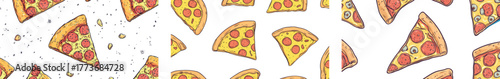 Junk food is the focus of a seamless, hand-drawn pizza pattern background, created for wrapping and decorative print purposes