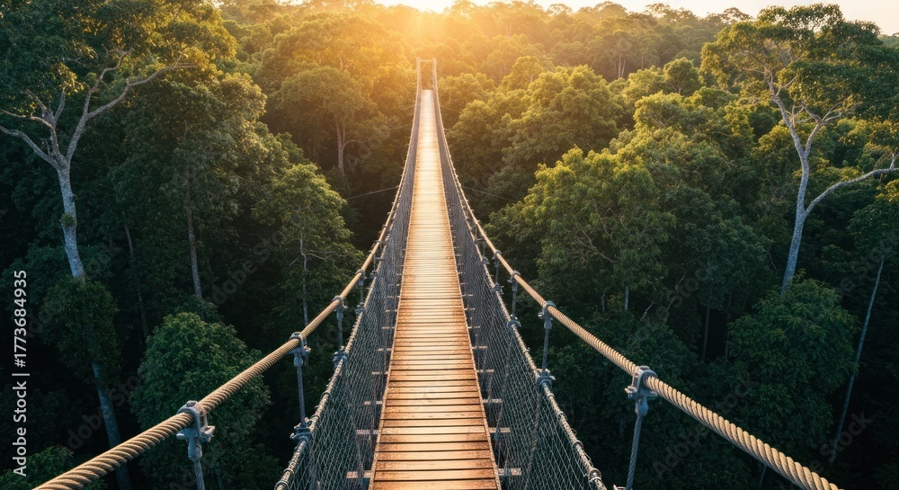 Fototapeta premium Suspension bridge over lush green forest canopy bathed in golden sunlight