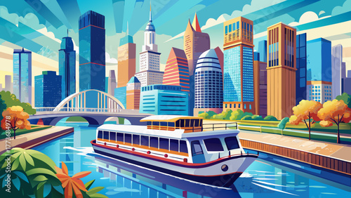 Very beautiful view of a sightseeing cruise on the Chicago River, Illinois, USA, with the downtown skyline in the background, showcasing modern skyscrapers, urban architecture, and vibrant city life.