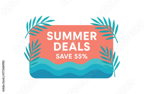 Summer deals save 55 percent banner with tropical leaves and waves. Seasonal sale, beach design. Flat vector illustration.