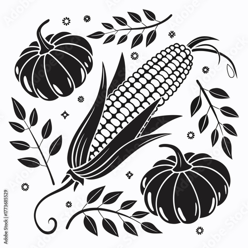 Harvest autumn cornucopia featuring pumpkins gourds leaves and wheat stalks isolated on transparent background