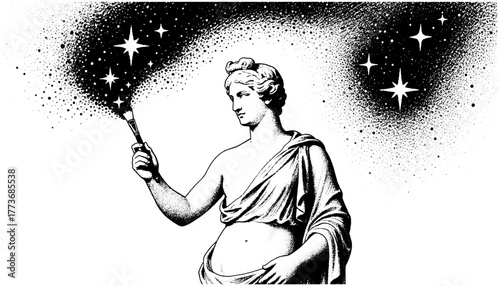 Black and white engraving of a classical statue painting constellations in the night sky, vintage etching style, isolated on transparent background.