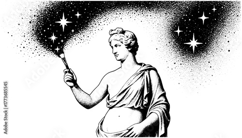Black and white engraving of a classical statue painting constellations in the night sky, vintage etching style, isolated on transparent background.