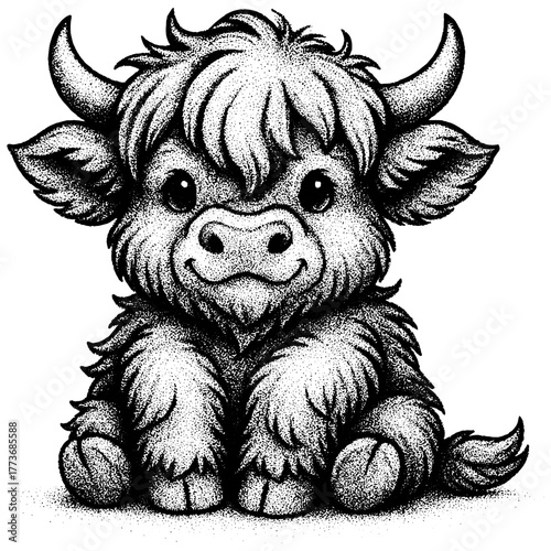 Black and white engraving of a cute fluffy highland cow sitting, detailed vintage etching style, isolated on transparent background.