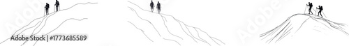 Continuous line drawing represents two people who are adventure travelers hiking and climbing together