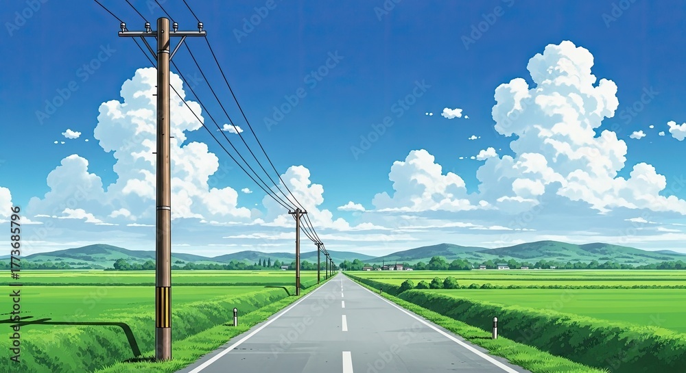 Naklejka premium Serene country road lined with power poles under a blue sky