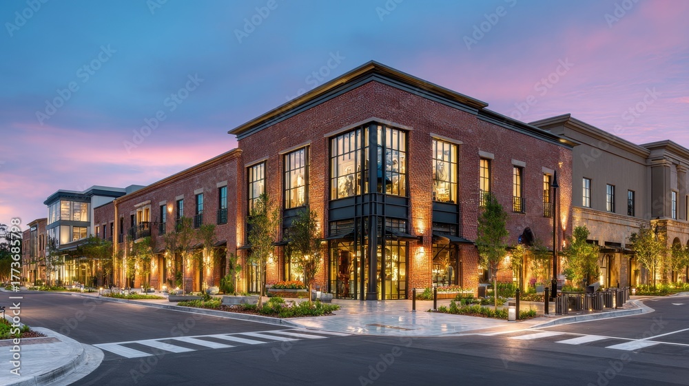 Naklejka premium Modern shopping center features brick facades with large windows, enhancing retail experience at dusk in a vibrant urban area
