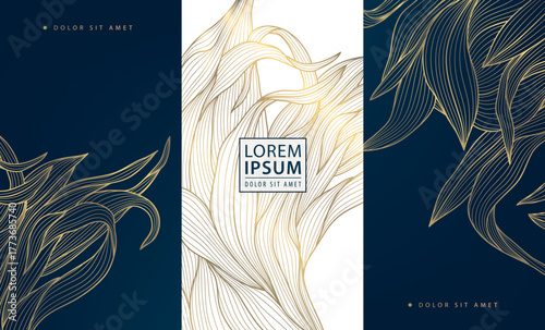 Elegant vector golden floral and leaf patterns, delicate lines, luxurious abstract design. Packaging, cosmetic labels, wine or tea branding, invitations, premium decorative backgrounds