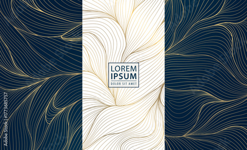 Elegant vector golden floral and leaf patterns, delicate lines, luxurious abstract design. Packaging, cosmetic labels, wine or tea branding, invitations, premium decorative backgrounds