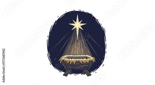 Minimalist Christmas postcard — Bethlehem star shining over empty manger symbolic and spiritual elegant composition