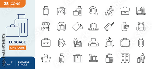 Minimalist Luggage outine icons set with editable stroke. Containing luggage, baggage, trip, travel, trolley, suitcase, and more. thin linear illustration.	
