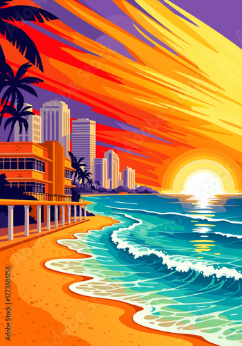 Miami Beach Sunset Vibrant Coastal Scene with Retro Buildings and Palm Trees