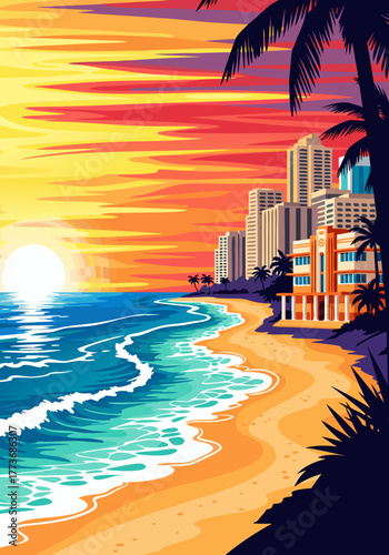 Colorful sunset over a serene tropical beach, featuring a vibrant city skyline and silhouette palm trees, ideal for vacation and travel themes