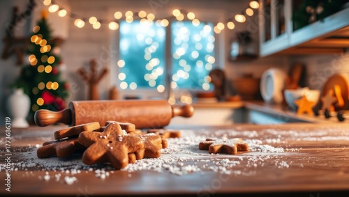 Festive gingerbread cookies on kitchen table at Christmas