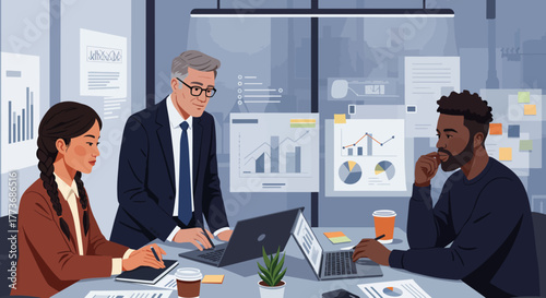 A dynamic team collaborates, analyzing growth charts in a modern office. They strategize for success, boosting team performance for future planning and company growth.