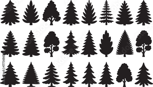 Collection of diverse black silhouette evergreen trees and deciduous trees