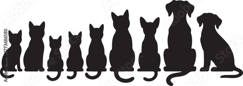 Silhouette of a diverse group of cats and dogs sitting together