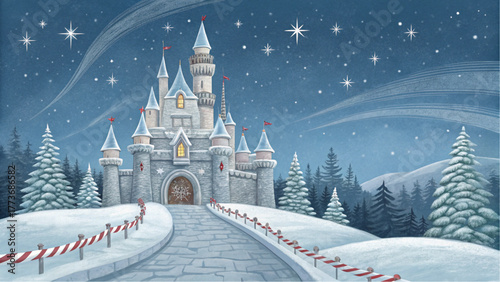 Enchanting winter castle scene with snow covered trees and starry night sky