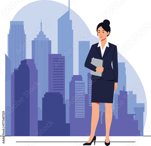 A businesswoman in a blue skirt suit stands confidently in front of a city skyline.