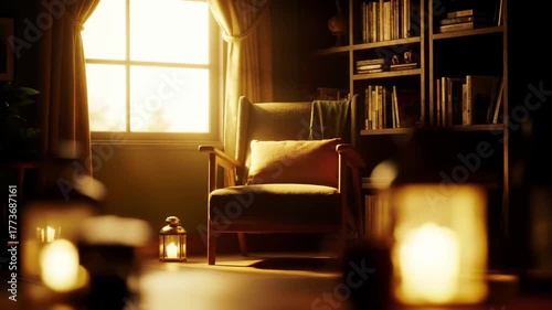 Cozy armchair bathed in sunlight in a library with books, for relaxation