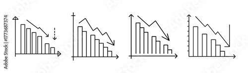Set of four declining business bar chart icons showing failure