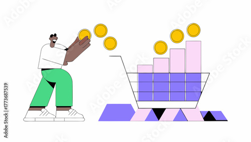 A person adds coins to a shopping cart representing financial growth and investment in a stylized graphic