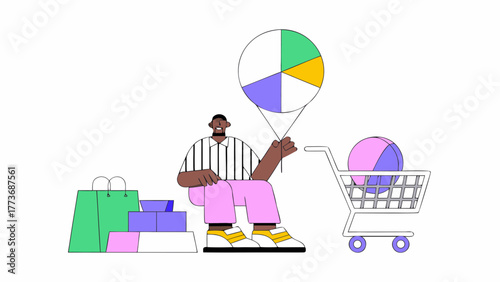 Man analyzing pie chart data with shopping cart and bags symbolizing consumer behavior and purchasing decisions