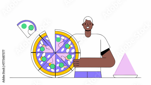 A cheerful person holds a sliced pizza with unique toppings ready to share a slice with a triangular dessert nearby