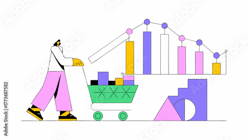 Abstract illustration of a person pushing a shopping cart filled with blocks towards a rising bar graph representing data analysis