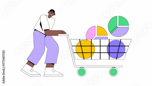 Man pushing shopping cart filled with colorful pie chart segments representing data and analytics