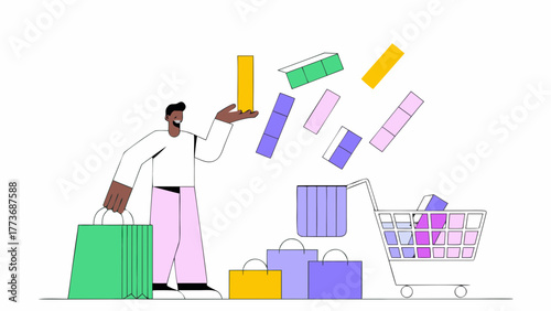 Joyful shopper with colorful bags and a overflowing shopping cart celebrating a successful shopping spree