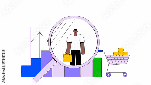 Magnifying glass reveals a person holding a shopping bag amidst a growing bar chart and shopping cart