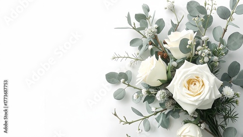 Elegant white rose bouquet with eucalyptus leaves on white background  