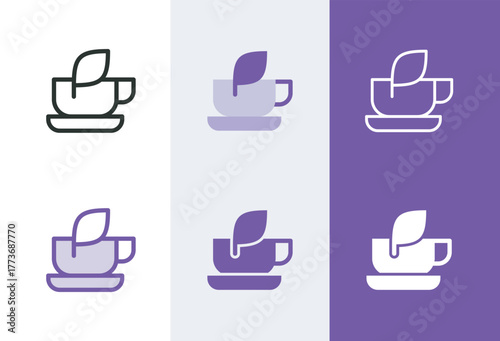 Loose leaf tea icon. Cup of tea symbol in 4 styles - solid, outline, flat, duotone.