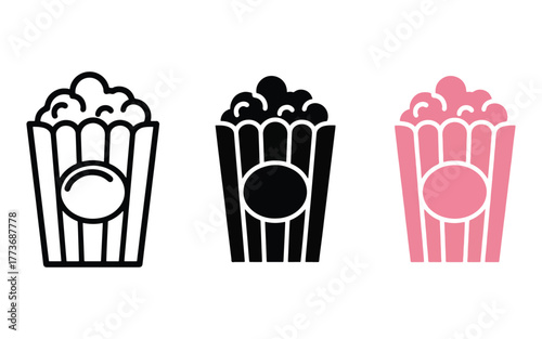 Three different styles of popcorn bucket icons featuring line art silhouette and color variations for movie night and snacks