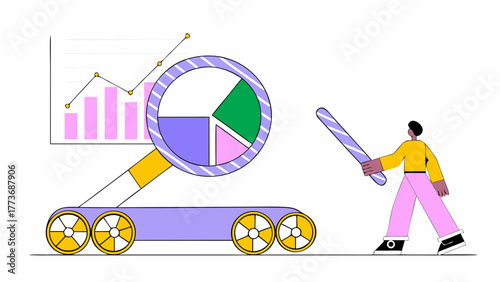 Data analysis and insights with a magnifying glass and a person interacting with charts and graphs