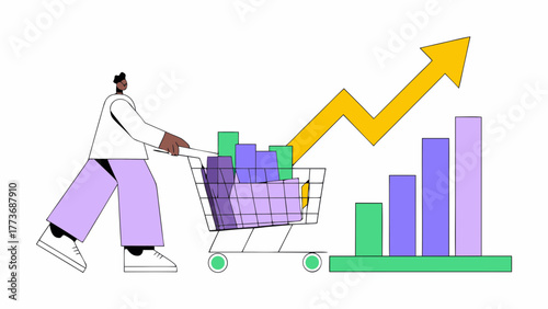 Person pushing shopping cart filled with colorful boxes towards a rising graph and arrow symbolizing growth
