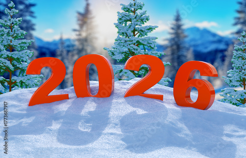 Red volumetric numbers 2026 on a snowy hill with pine trees and mountains in the background, celebrating the New Year in a winter landscape. 3D render.