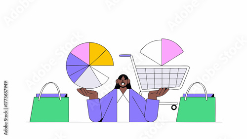 A woman balances pie charts and a shopping cart symbolizing data driven purchasing decisions and retail analytics