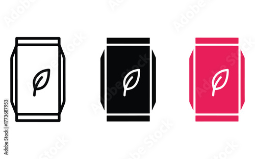 Three different style icons of a tea bag with a leaf symbol representing natural organic tea
