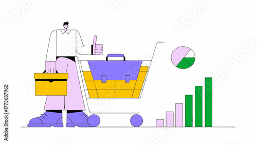 Successful business growth and investment strategy illustrated with shopping cart and financial charts