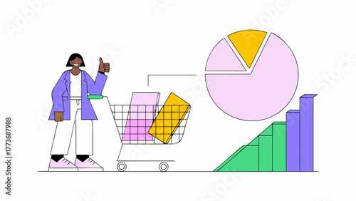Successful shopping cart with data visualization elements indicating growth and analysis